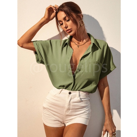 Green Casual Button Up / Down Shirt Collar, V-Neck Button Front - Picture 5 of 15